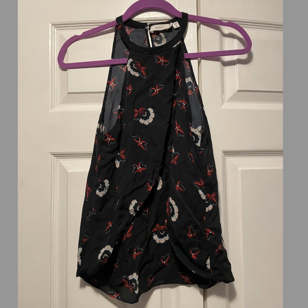 ALC Size 6 Silk Floral Black Tank Top